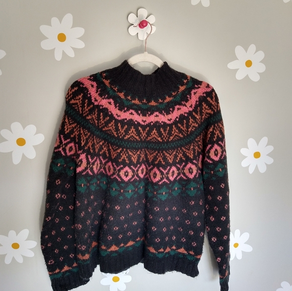 American Eagle Black Batwing Fair Isle Pink & Green Printed Wool Blend Sweater - Picture 2 of 16